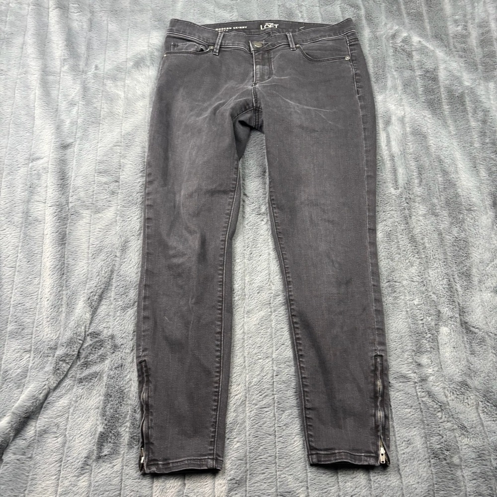 Ann Taylor Loft Modern Skinny Ankle Jeans Faded Black Zipper Hem Size 28/6